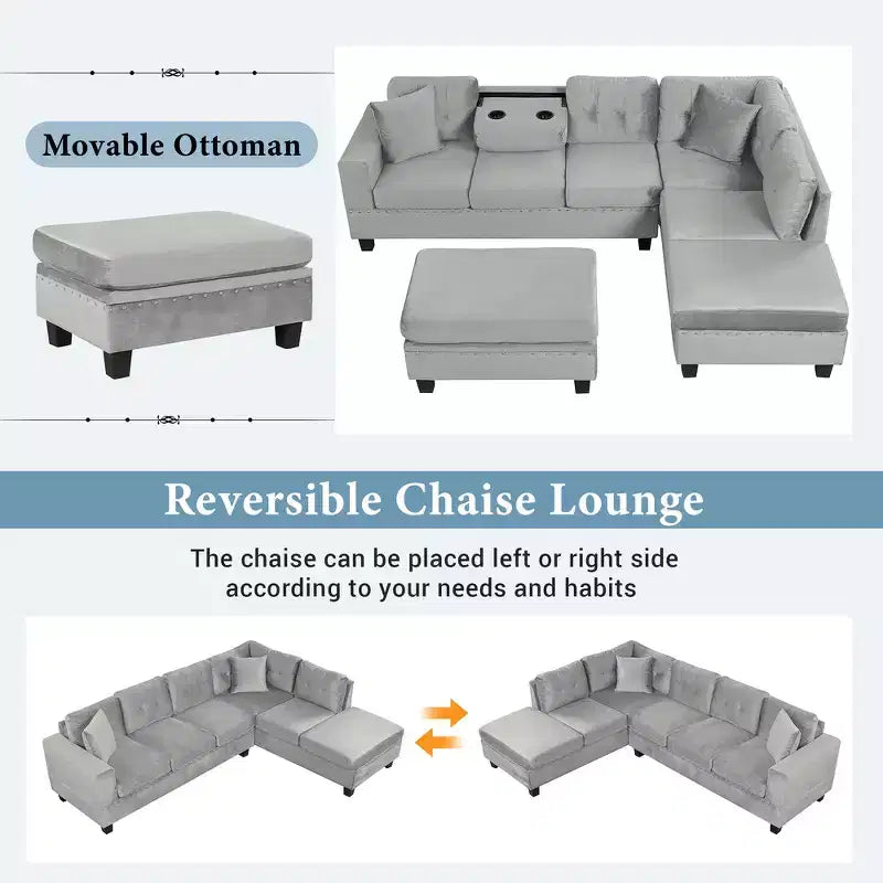 Canapé d'angle moderne en L de 267 cm avec pouf de rangement et 2 oreillers