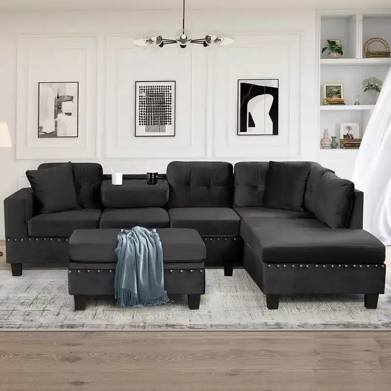 Canapé d'angle moderne en L de 267 cm avec pouf de rangement et 2 oreillers