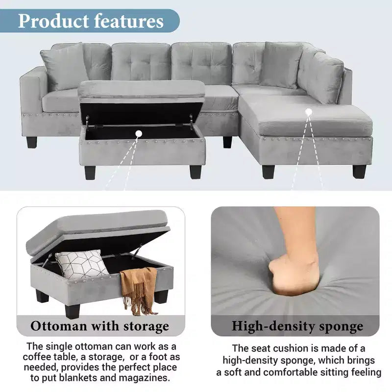 Canapé d'angle moderne en L de 267 cm avec pouf de rangement et 2 oreillers