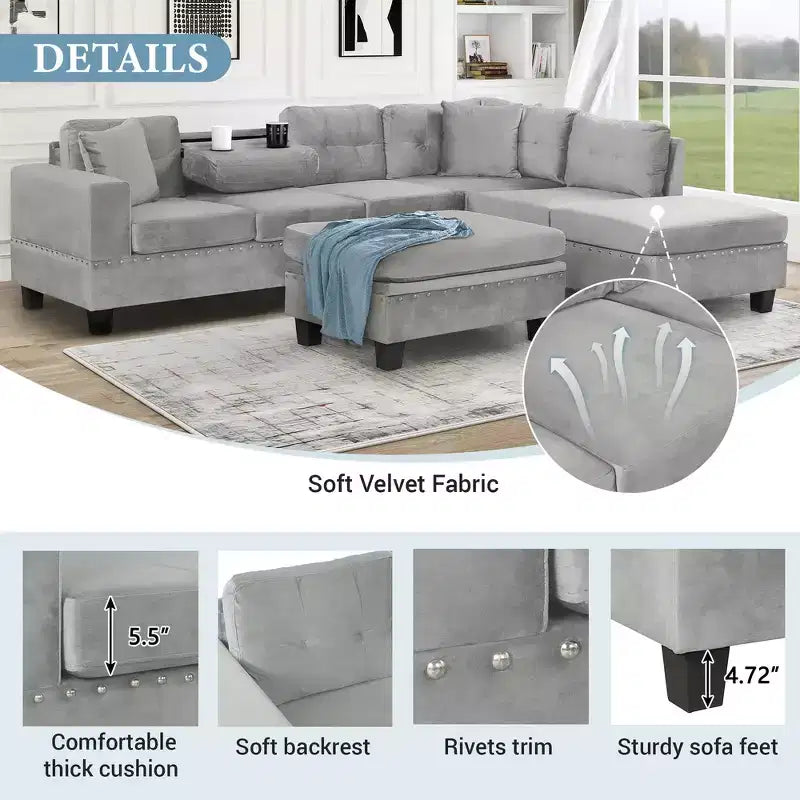 Canapé d'angle moderne en L de 267 cm avec pouf de rangement et 2 oreillers