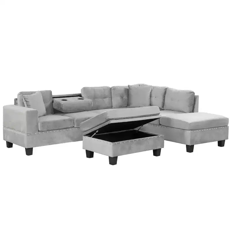 Canapé d'angle moderne en L de 267 cm avec pouf de rangement et 2 oreillers