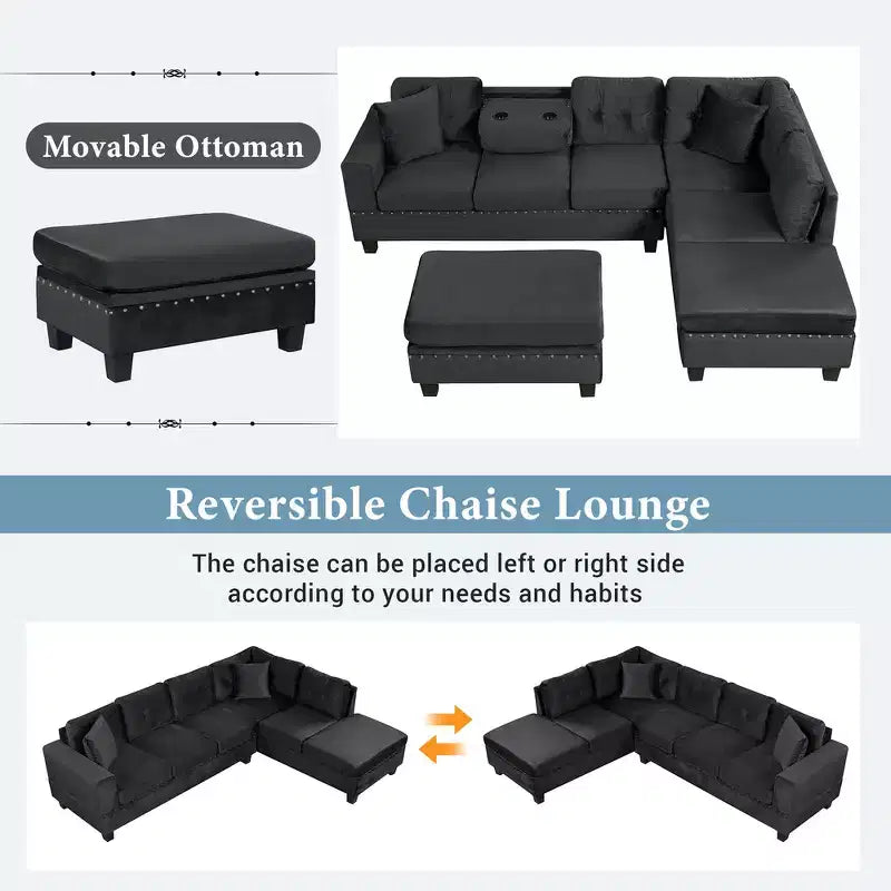 Canapé d'angle moderne en L de 267 cm avec pouf de rangement et 2 oreillers