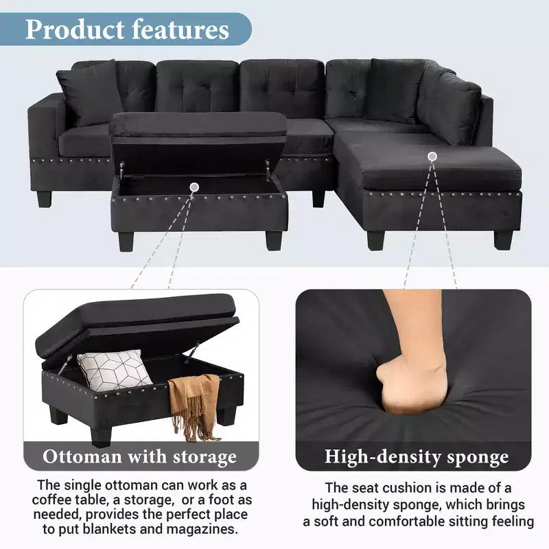 Canapé d'angle moderne en L de 267 cm avec pouf de rangement et 2 oreillers