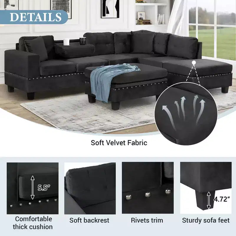 Canapé d'angle moderne en L de 267 cm avec pouf de rangement et 2 oreillers