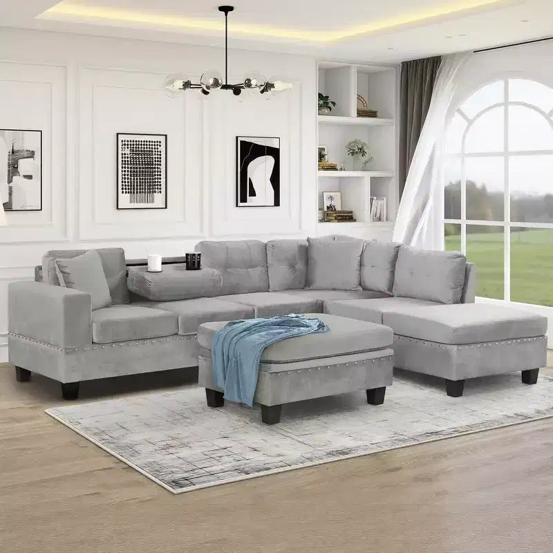 Canapé d'angle moderne en L de 267 cm avec pouf de rangement et 2 oreillers