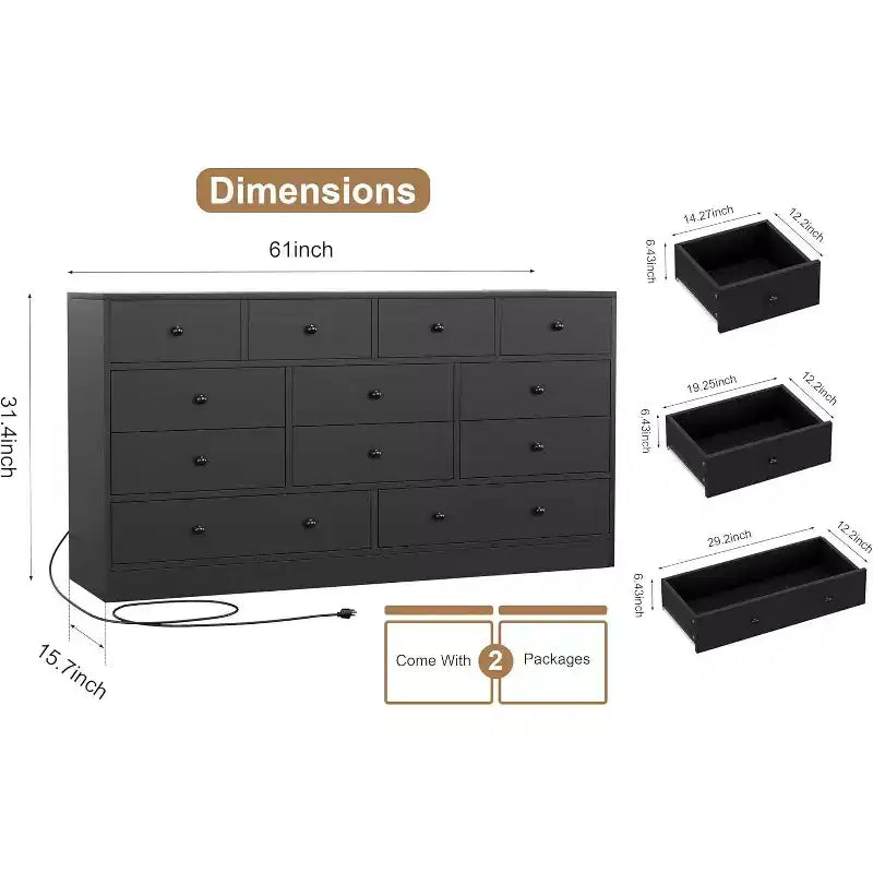 Commode à 12 tiroirs pour chambre à coucher, coffre en bois de 61 po avec prise de courant intégrée, grand organisateur de rangement pour vêtements, salon, couloir ou bureau