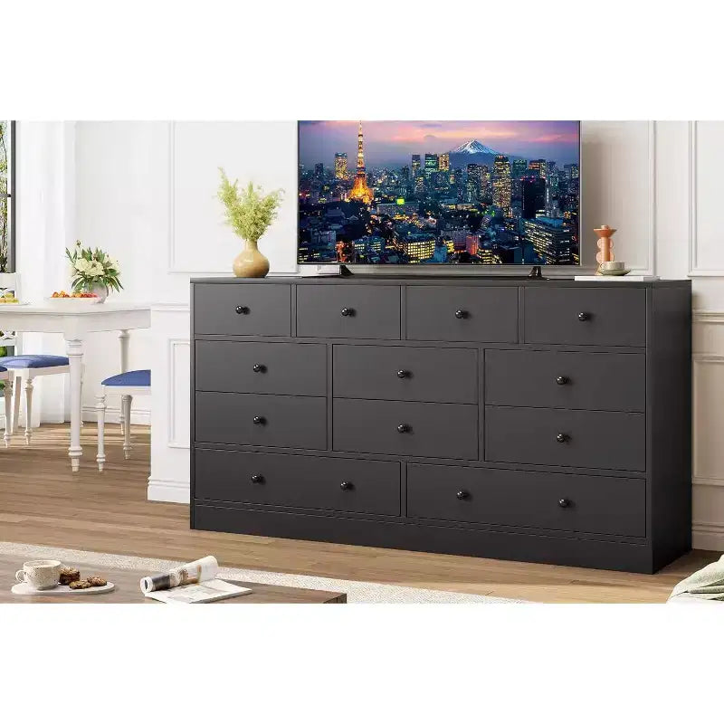 Commode à 12 tiroirs pour chambre à coucher, coffre en bois de 61 po avec prise de courant intégrée, grand organisateur de rangement pour vêtements, salon, couloir ou bureau