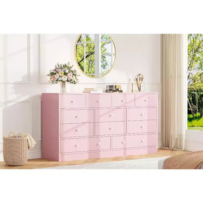 Commode à 12 tiroirs pour chambre à coucher, coffre en bois de 61 po avec prise de courant intégrée, grand organisateur de rangement pour vêtements, salon, couloir ou bureau