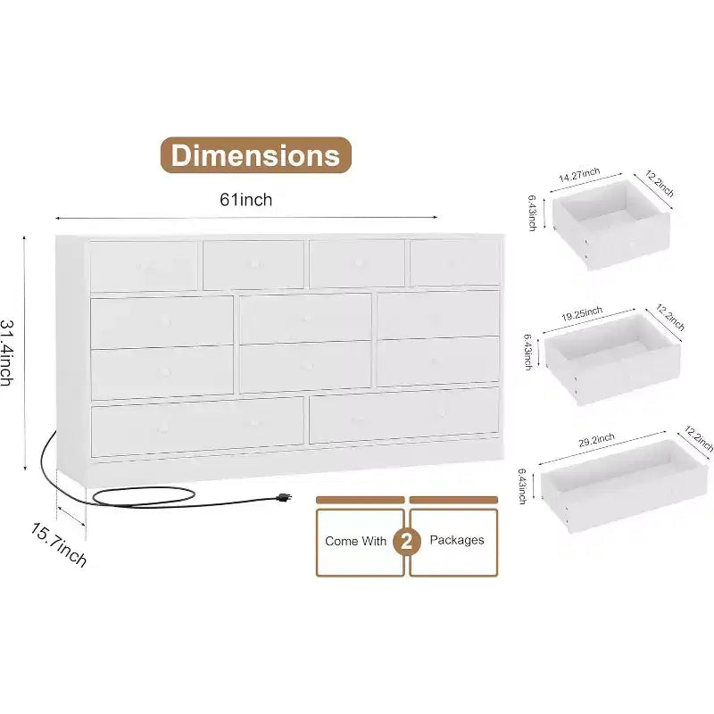 Commode à 12 tiroirs pour chambre à coucher, coffre en bois de 61 po avec prise de courant intégrée, grand organisateur de rangement pour vêtements, salon, couloir ou bureau