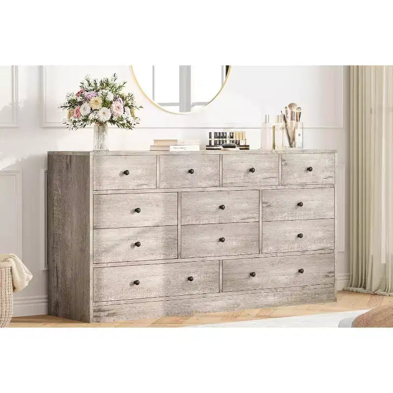 Commode à 12 tiroirs pour chambre à coucher, coffre en bois de 61 po avec prise de courant intégrée, grand organisateur de rangement pour vêtements, salon, couloir ou bureau