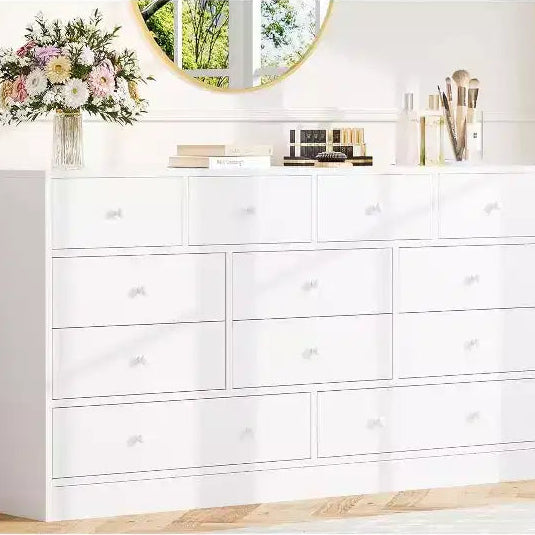 12-Drawer Dresser for Bedroom, 61 Wooden Chest with Built-In Power Outlet, Large Storage Organizer for Clothes, Living Room, Hallway, or Office
