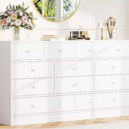 12-Drawer Dresser for Bedroom, 61 Wooden Chest with Built-In Power Outlet, Large Storage Organizer for Clothes, Living Room, Hallway, or Office