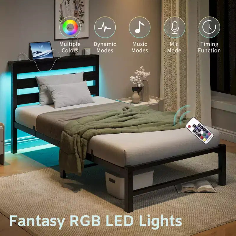 Cadre de lit plateforme LED noir robuste avec tête de lit et station de recharge USB