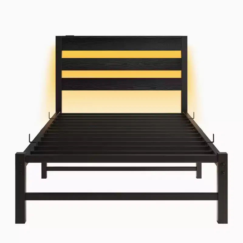 Cadre de lit plateforme LED noir robuste avec tête de lit et station de recharge USB
