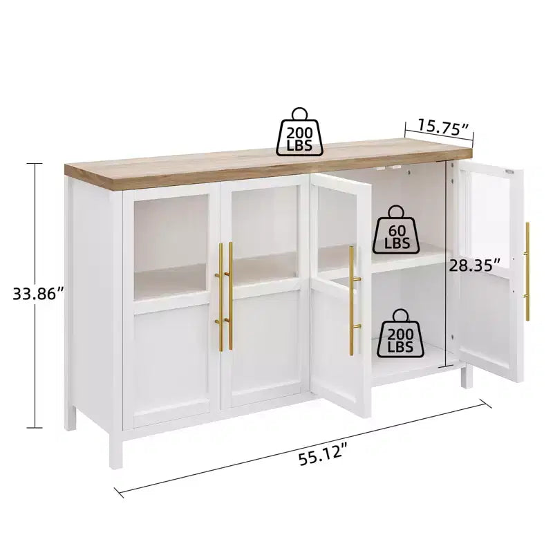 Grand buffet-bahut de 55" avec 4 portes vitrées et étagères, table de rangement de style ferme moderne pour cuisine, salle à manger, salon, couloir