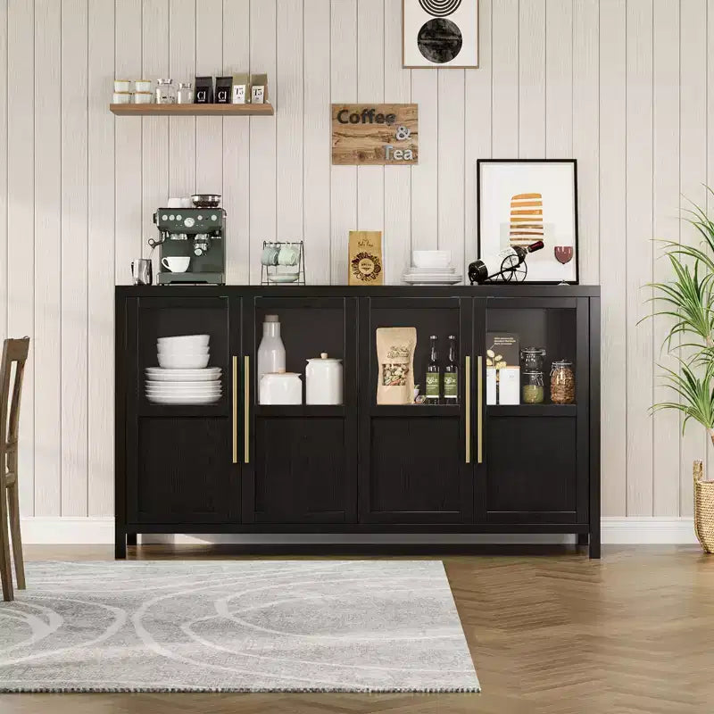 Grand buffet-bahut de 55" avec 4 portes vitrées et étagères, table de rangement de style ferme moderne pour cuisine, salle à manger, salon, couloir