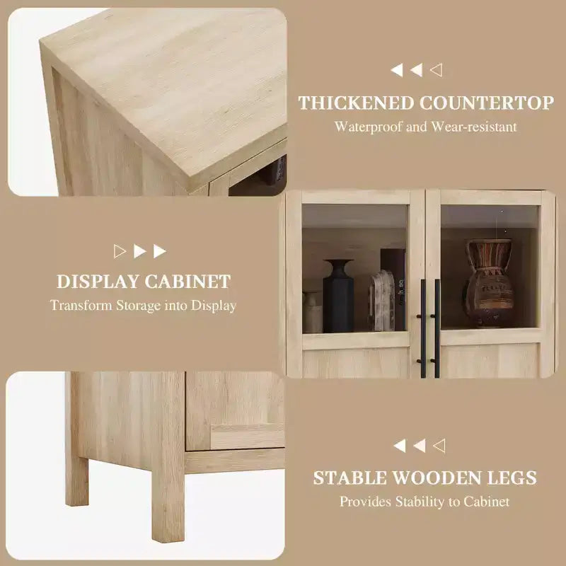 Grand buffet-bahut de 55" avec 4 portes vitrées et étagères, table de rangement de style ferme moderne pour cuisine, salle à manger, salon, couloir