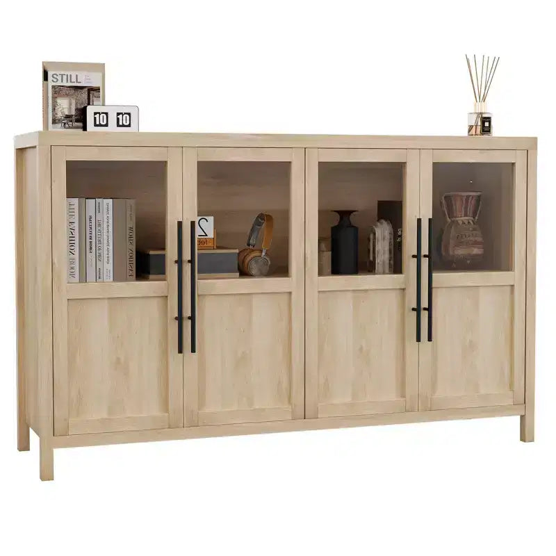 Grand buffet-bahut de 55" avec 4 portes vitrées et étagères, table de rangement de style ferme moderne pour cuisine, salle à manger, salon, couloir