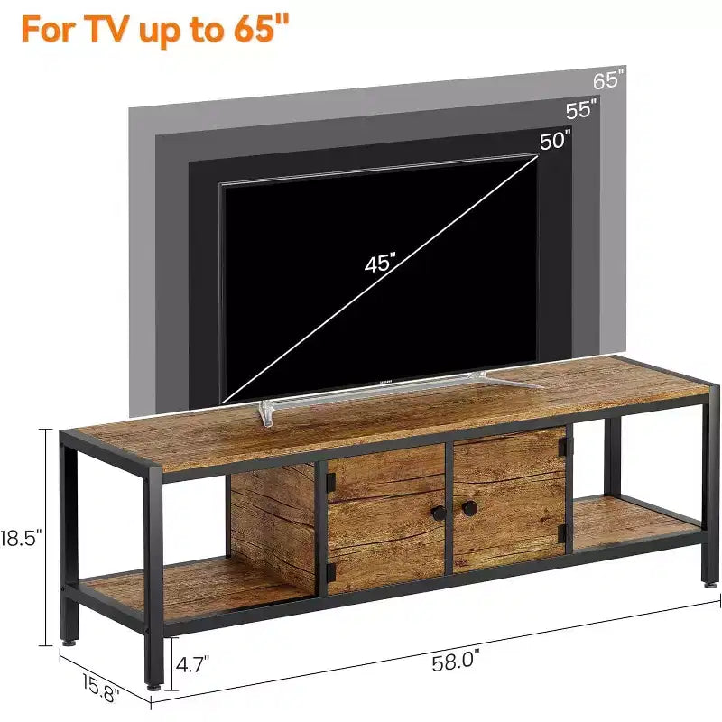 Meuble TV en bois de 58 pouces pour téléviseurs de 65 pouces, meuble de divertissement avec 2 armoires et étagères ouvertes, console multimédia de rangement pour salon