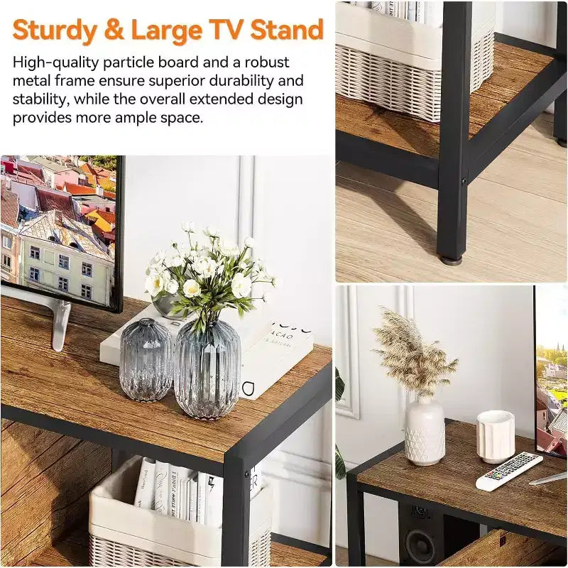 Meuble TV en bois de 58 pouces pour téléviseurs de 65 pouces, meuble de divertissement avec 2 armoires et étagères ouvertes, console multimédia de rangement pour salon