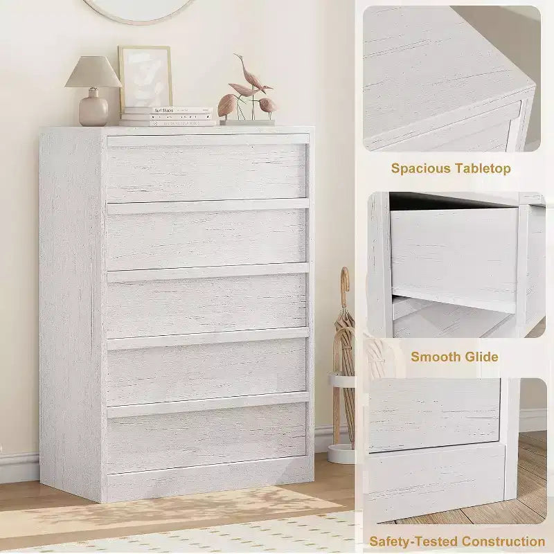 Commode en bois à 5 tiroirs avec grand rangement pour Chambre, Salon et Chambre de bébé