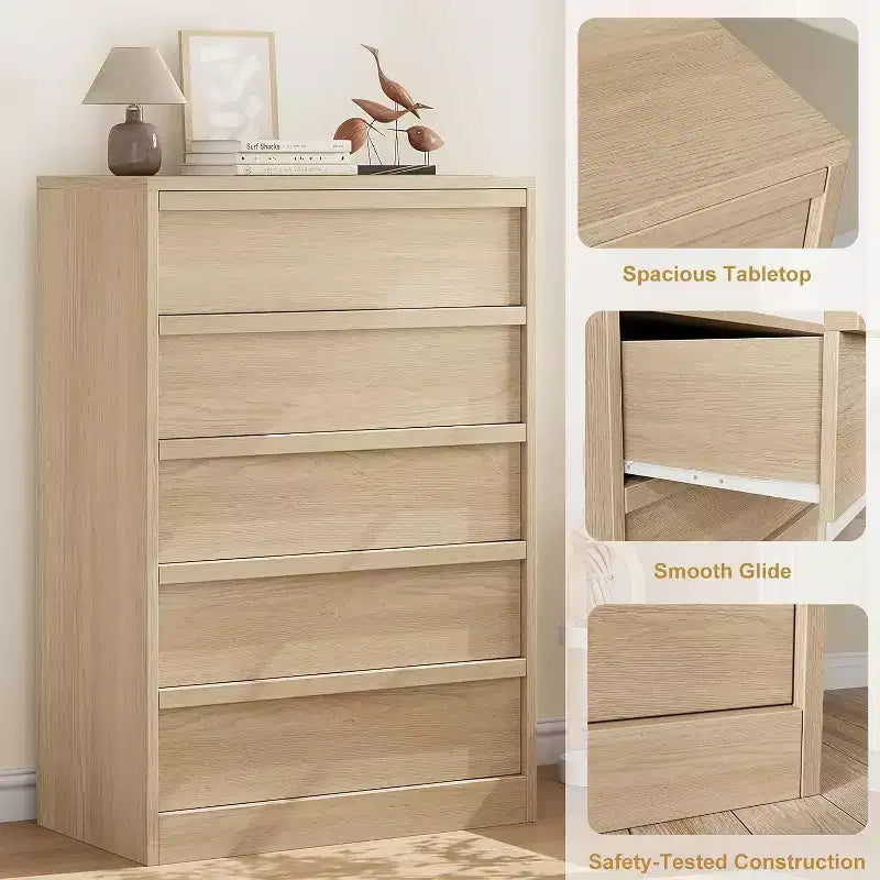 Commode en bois à 5 tiroirs avec grand rangement pour Chambre, Salon et Chambre de bébé