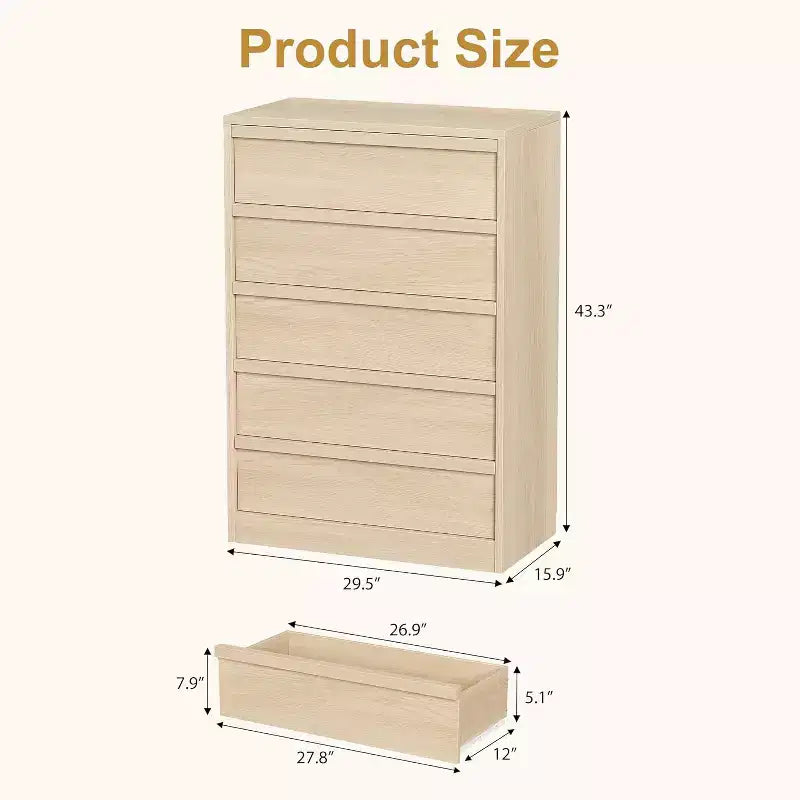 Commode en bois à 5 tiroirs avec grand rangement pour Chambre, Salon et Chambre de bébé