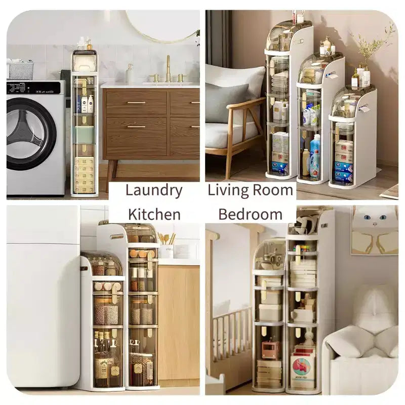 Meuble de rangement étroit en plastique moderne, organisateur de rangement de salle de bain fin et étanche avec tiroirs, blanc crème avec accents noirs transparents