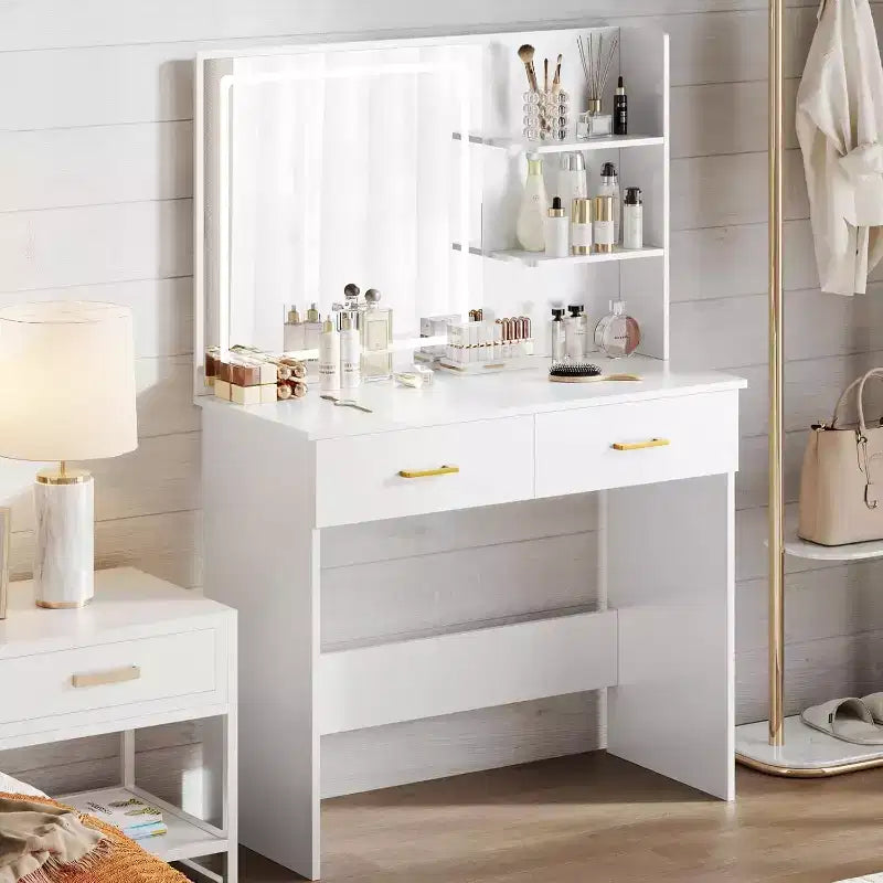 Coiffeuse avec miroir LED, table de maquillage blanche de 90 cm avec tiroirs et étagères