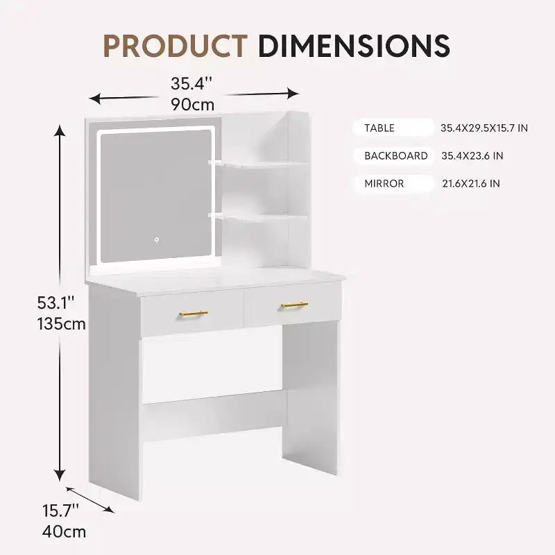 Coiffeuse avec miroir LED, table de maquillage blanche de 90 cm avec tiroirs et étagères