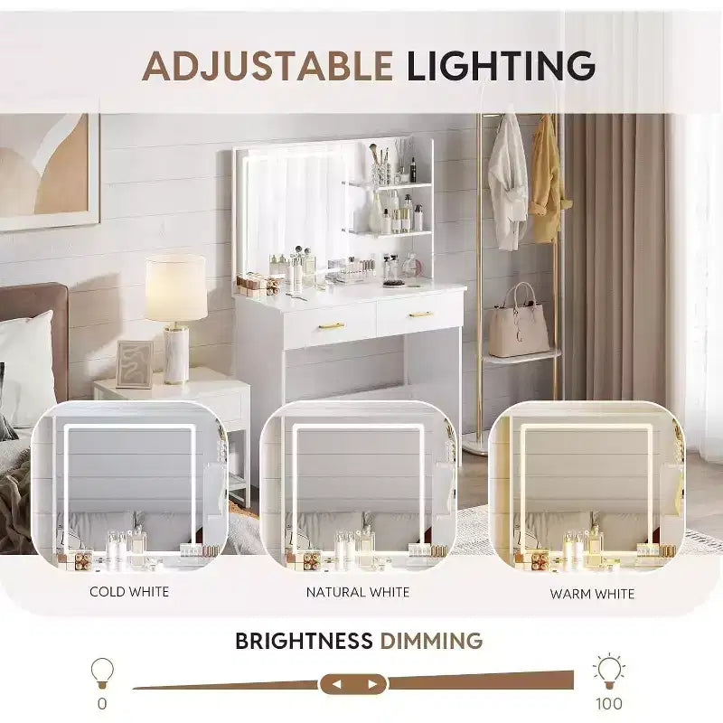 Coiffeuse avec miroir LED, table de maquillage blanche de 90 cm avec tiroirs et étagères