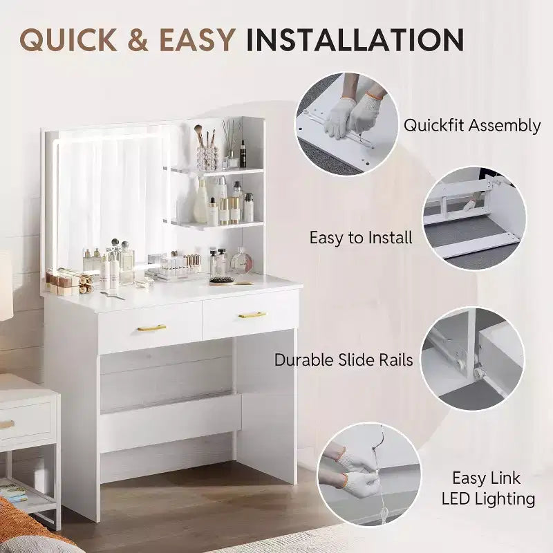 Coiffeuse avec miroir LED, table de maquillage blanche de 90 cm avec tiroirs et étagères
