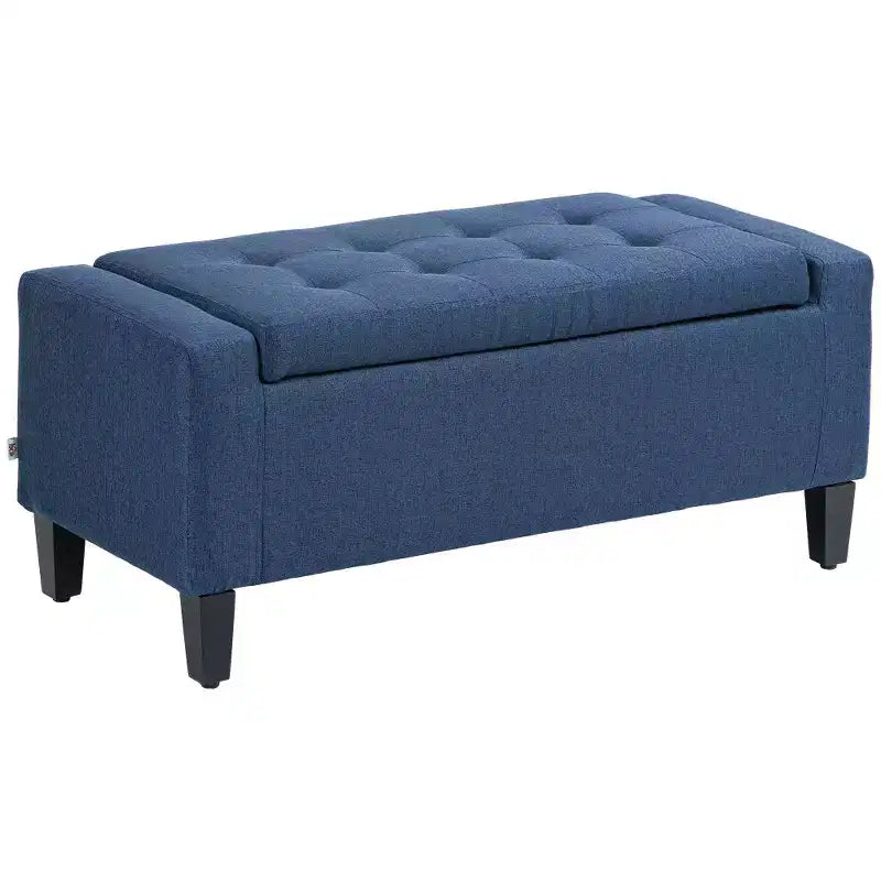 Banc ottoman de rangement capitonné en lin avec plateau relevable pour salon ou chambre, bleu foncé