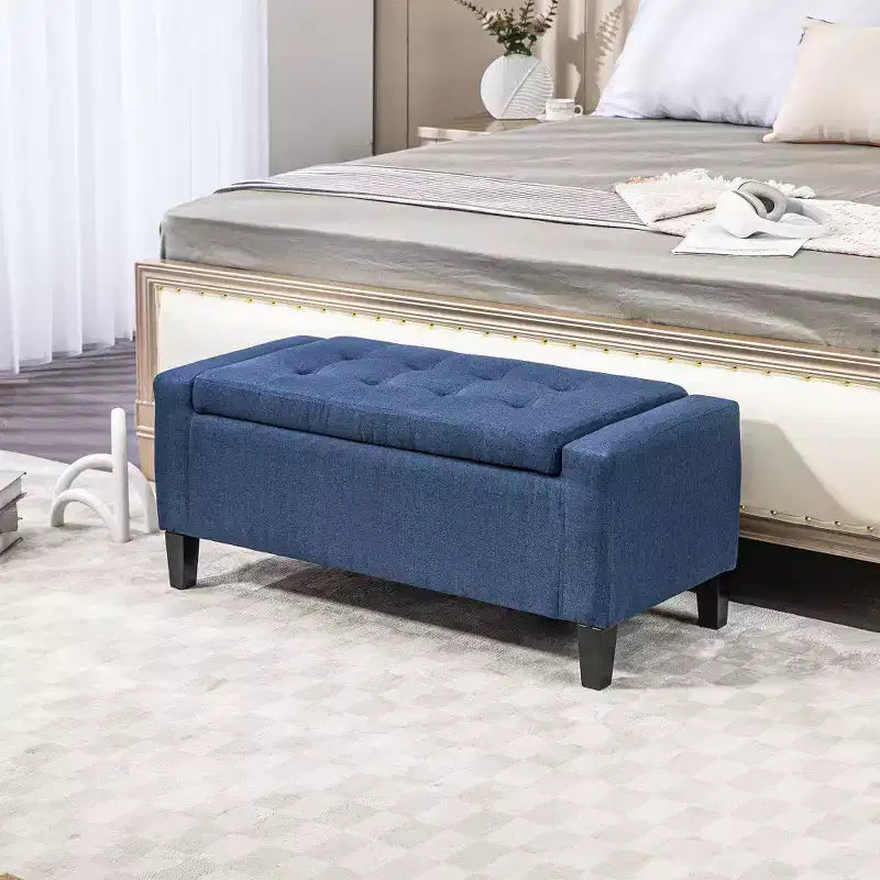 Banc ottoman de rangement capitonné en lin avec plateau relevable pour salon ou chambre, bleu foncé