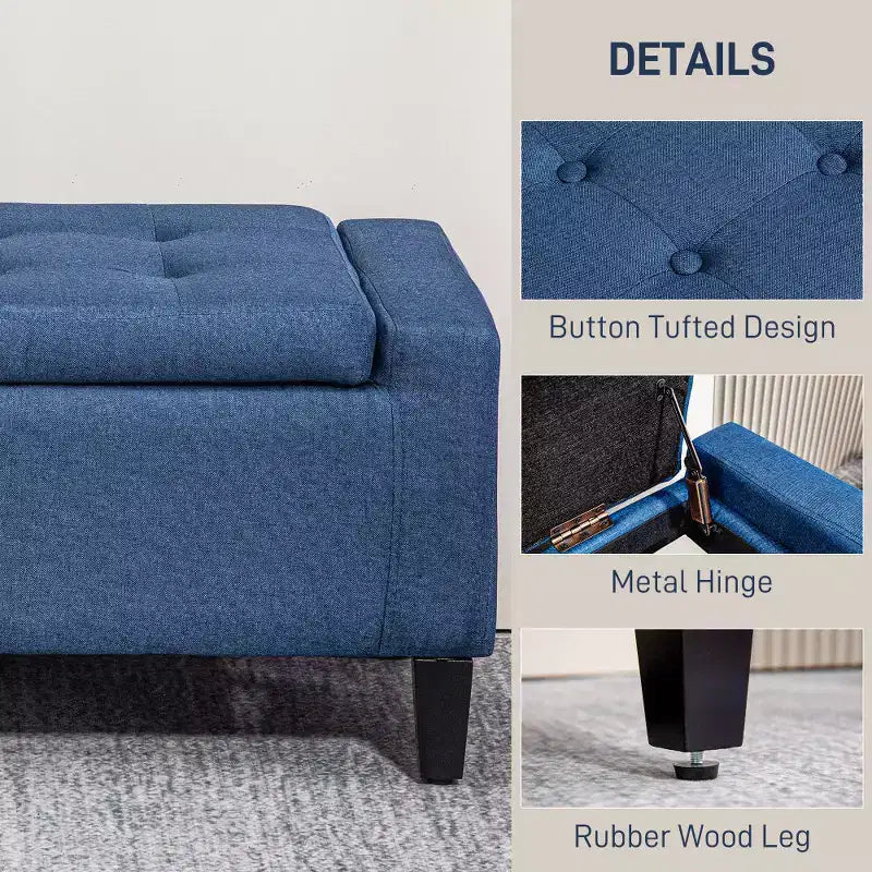 Banc ottoman de rangement capitonné en lin avec plateau relevable pour salon ou chambre, bleu foncé