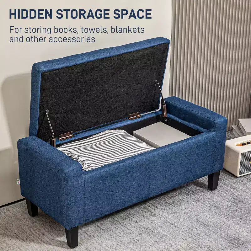 Banc ottoman de rangement capitonné en lin avec plateau relevable pour salon ou chambre, bleu foncé