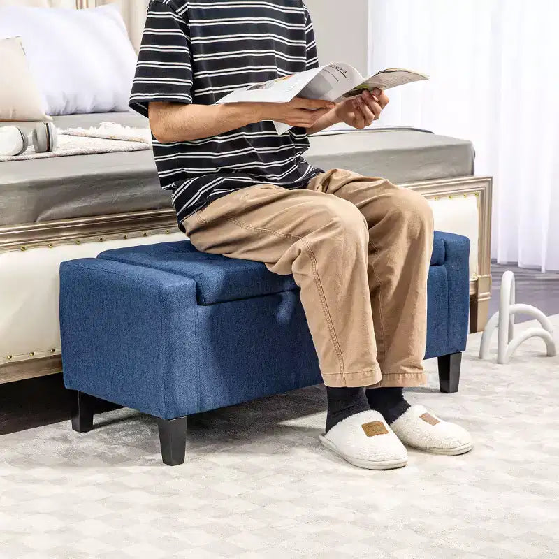 Banc ottoman de rangement capitonné en lin avec plateau relevable pour salon ou chambre, bleu foncé