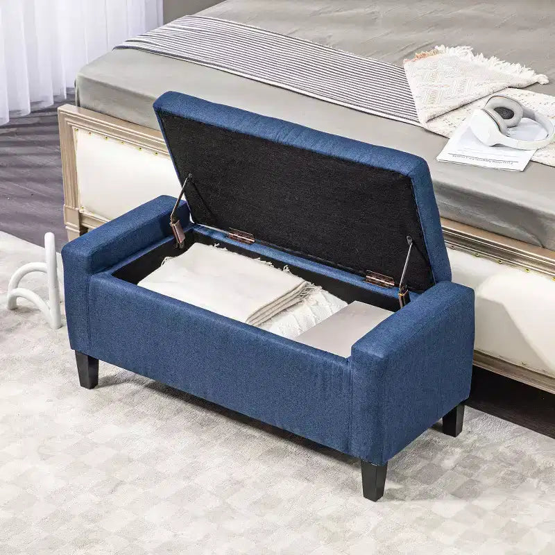 Banc ottoman de rangement capitonné en lin avec plateau relevable pour salon ou chambre, bleu foncé