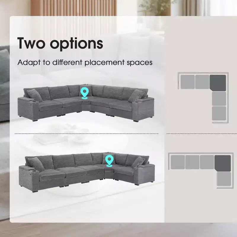 Canapé d'angle modulable surdimensionné avec rangement dans l'accoudoir et chargeur USB