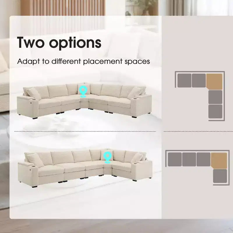 Canapé d'angle modulable surdimensionné avec rangement dans l'accoudoir et chargeur USB