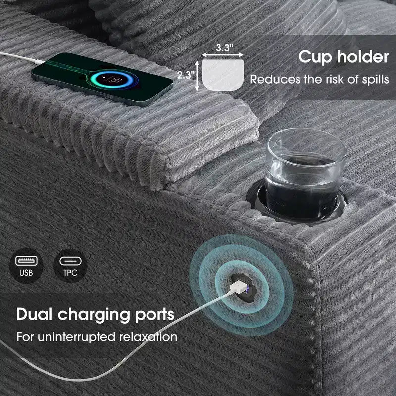 Canapé d'angle modulable surdimensionné avec rangement dans l'accoudoir et chargeur USB