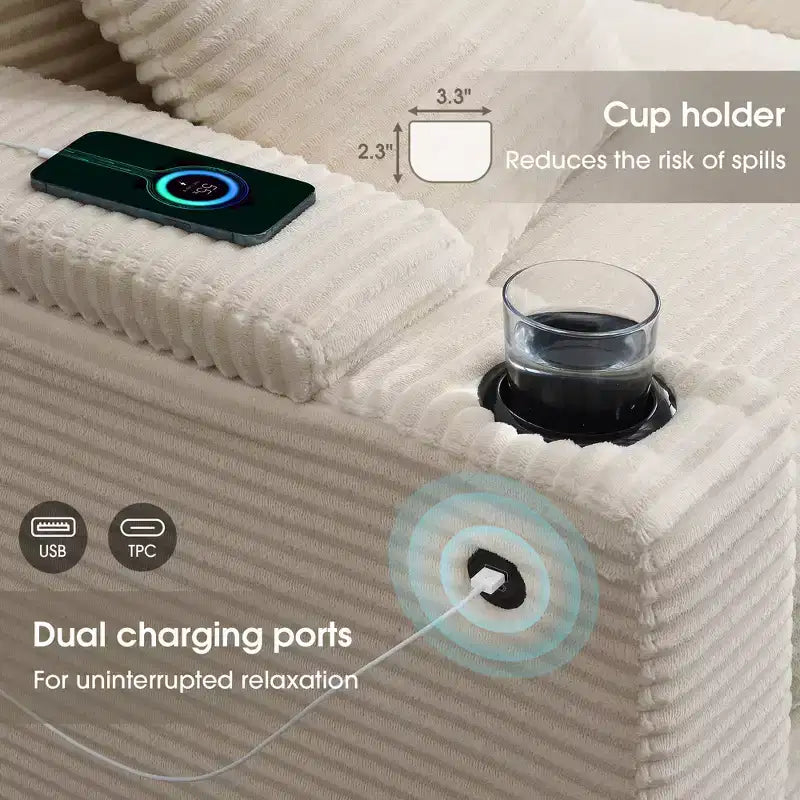 Canapé d'angle modulable surdimensionné avec rangement dans l'accoudoir et chargeur USB