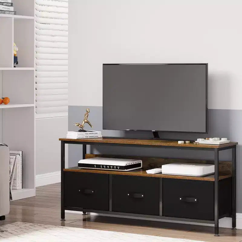 Meuble TV avec 3 tiroirs en tissu pour téléviseur de 55 pouces, meuble de rangement avec placards de rangement, console multimédia avec étagère ouverte, meuble de divertissement.
