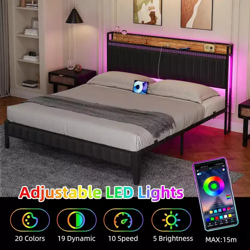 Cadre de lit plateforme LED avec station de recharge et tête de lit de rangement, pas besoin de sommier tapissier