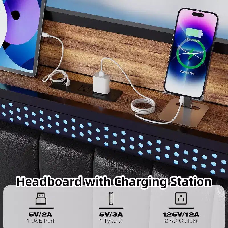 Cadre de lit plateforme LED avec station de recharge et tête de lit de rangement, pas besoin de sommier tapissier
