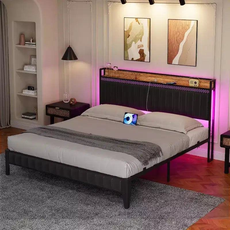 Cadre de lit plateforme LED avec station de recharge et tête de lit de rangement, pas besoin de sommier tapissier
