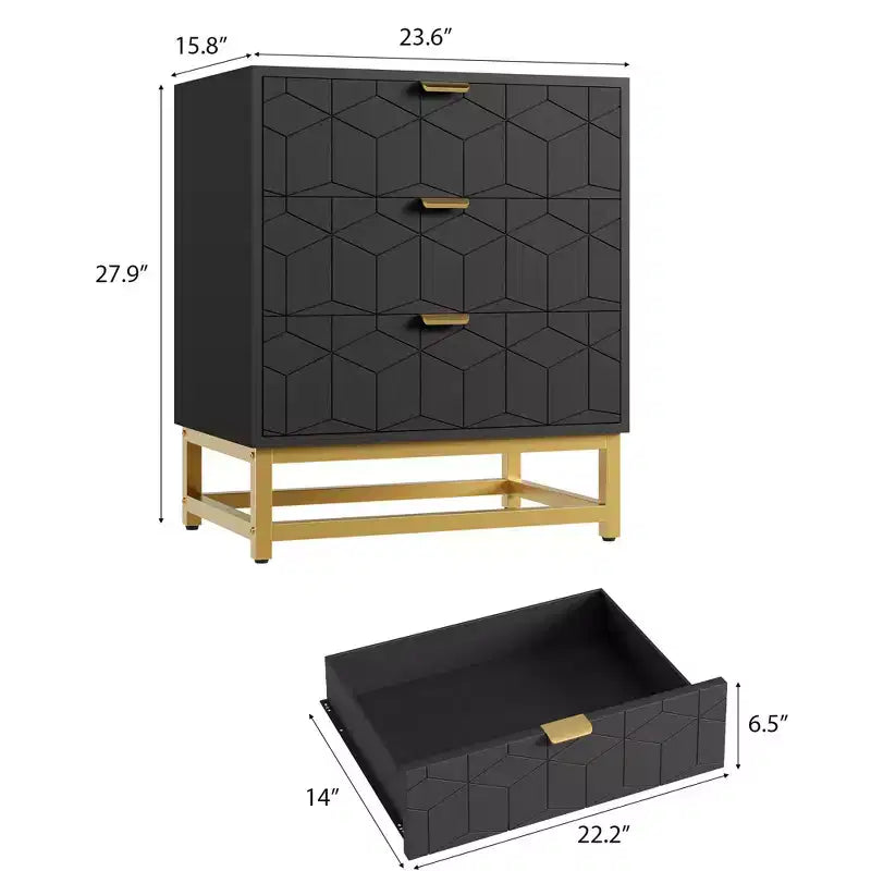 Table de chevet moderne à 3 tiroirs, table d'appoint en bois avec pieds en métal, table d'appoint de canapé pour petit espace, commode à 3 tiroirs pour chambre à coucher