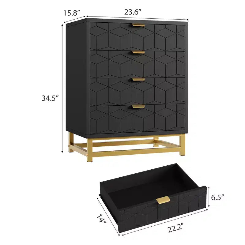 Table de chevet moderne avec 4 tiroirs, table d'appoint en bois avec pieds en métal, bout de canapé pour petit espace, commode à 4 tiroirs pour chambre à coucher