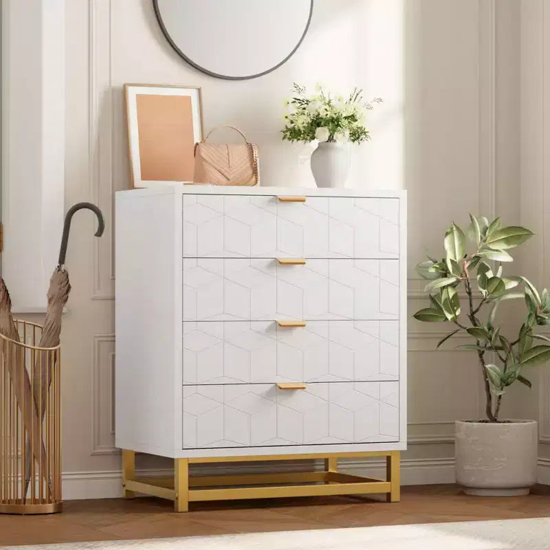 Table de chevet moderne avec 4 tiroirs, table d'appoint en bois avec pieds en métal, bout de canapé pour petit espace, commode à 4 tiroirs pour chambre à coucher