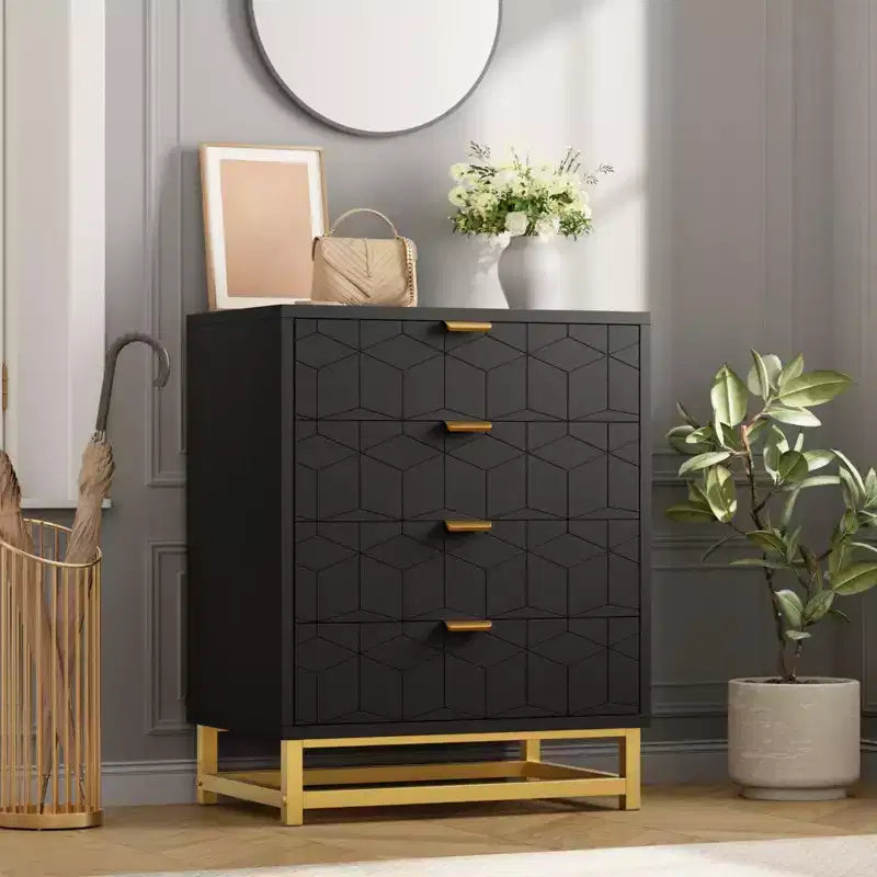 Table de chevet moderne avec 4 tiroirs, table d'appoint en bois avec pieds en métal, bout de canapé pour petit espace, commode à 4 tiroirs pour chambre à coucher